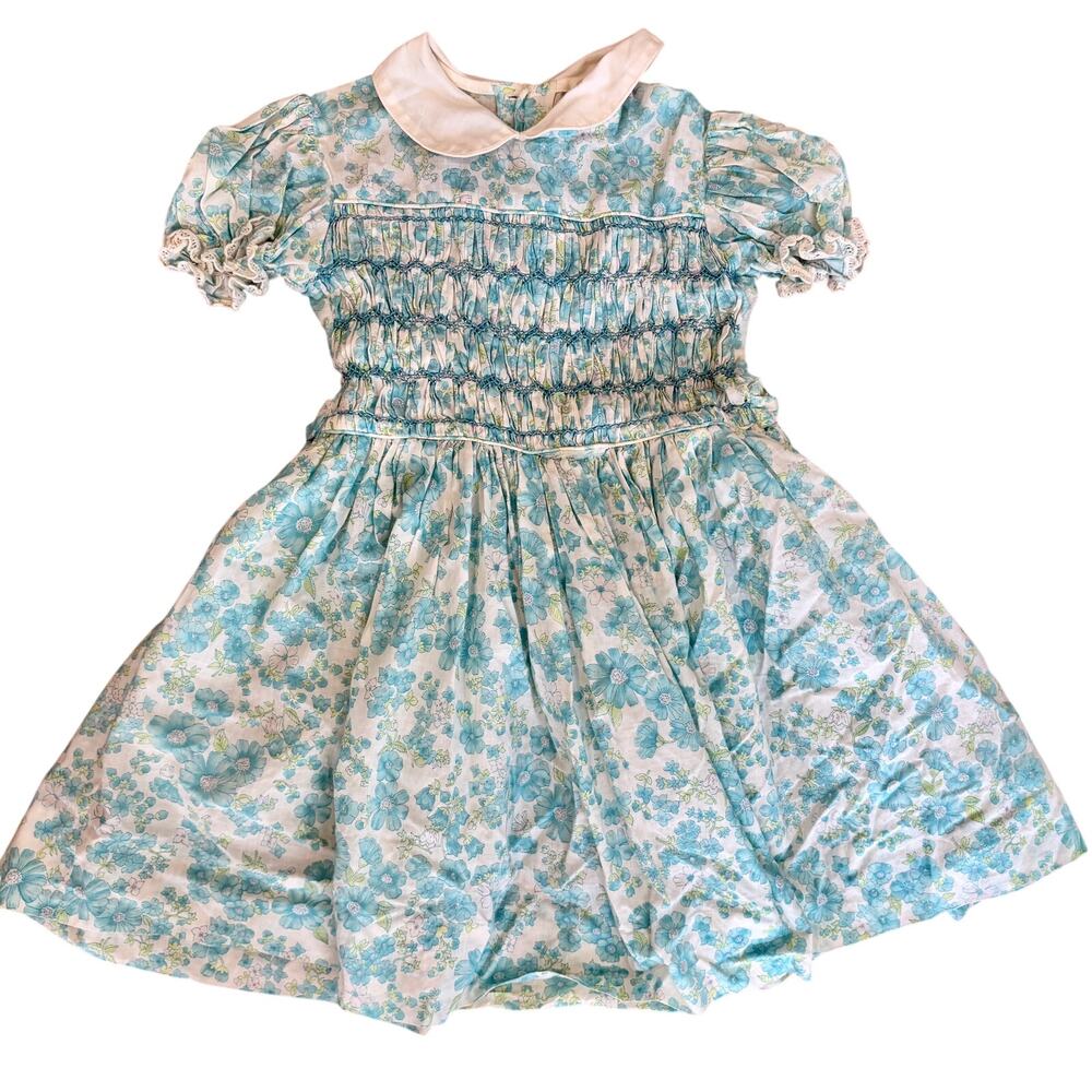 Vintage 70's Polly Flinders Girls Hand Smocked Ruffled Dress Cottagecore Floral